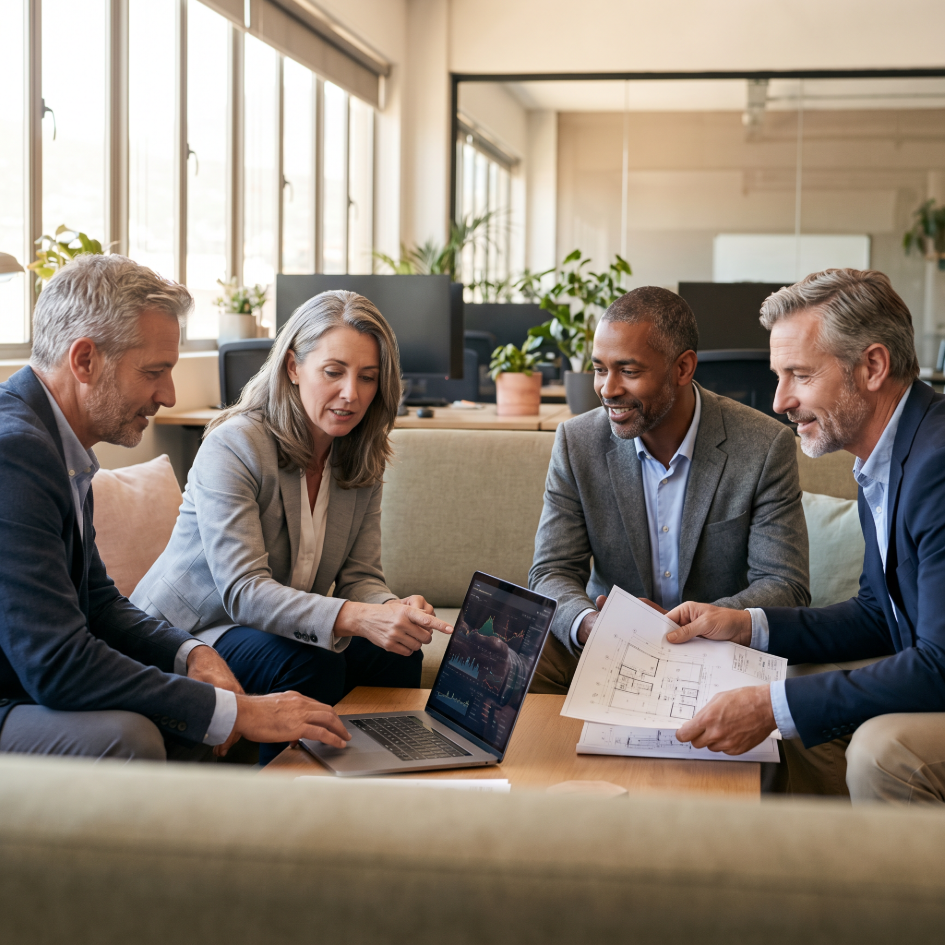 Group of experienced IT professionals collaborating in a modern office, reviewing a laptop and technical diagrams together in a calm, professional setting.