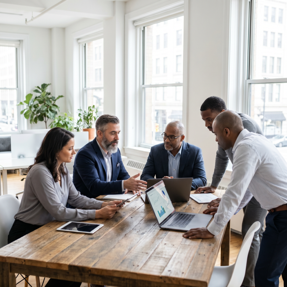 IT consultant working with business leaders in a modern office to review solutions and support informed decision‑making.