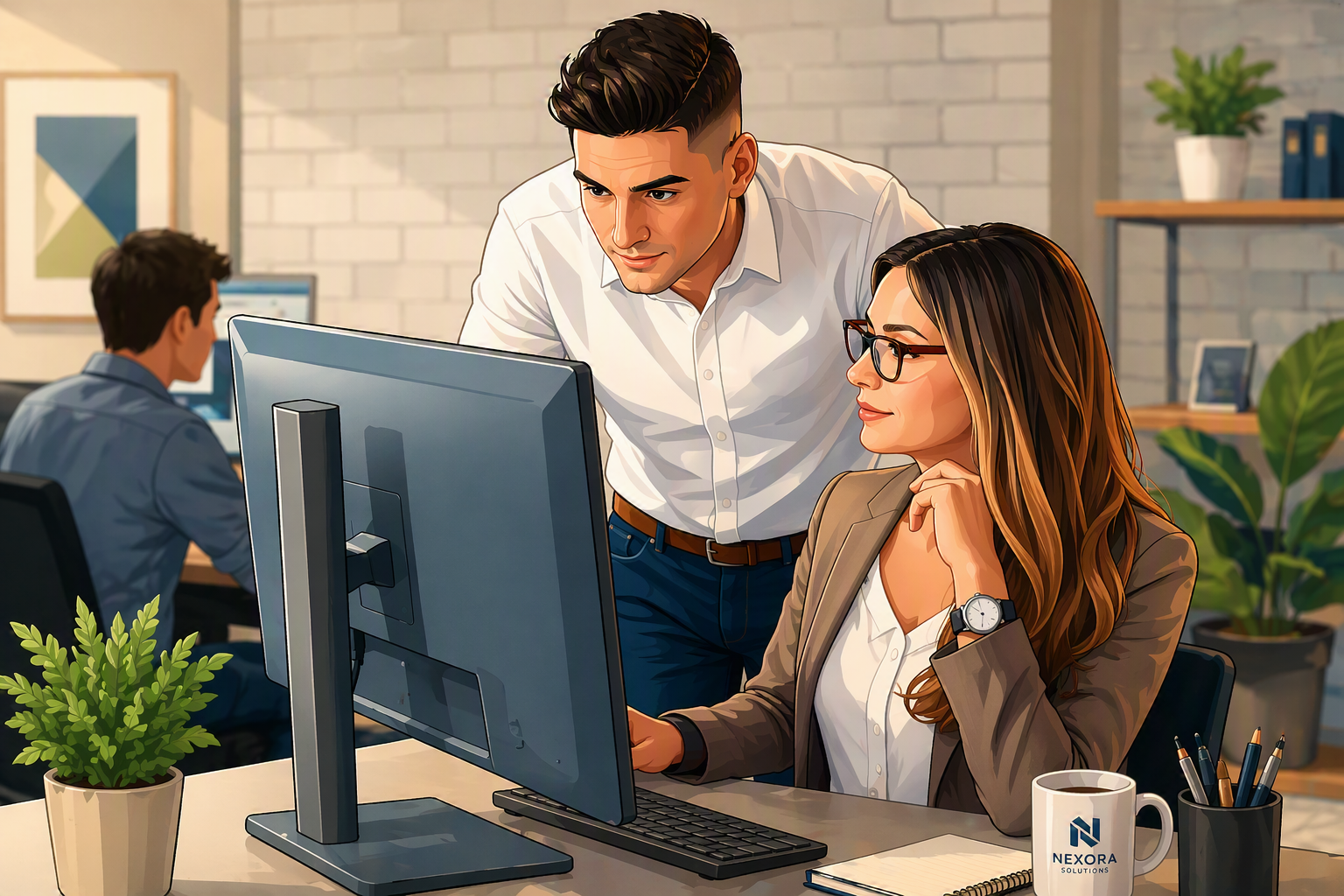 Home 1 Trusted IT Solutions professionals collaborating at a modern office workstation, reviewing data on a desktop computer with organized workspace elements including plants, notebooks, and technology equipment in the background.