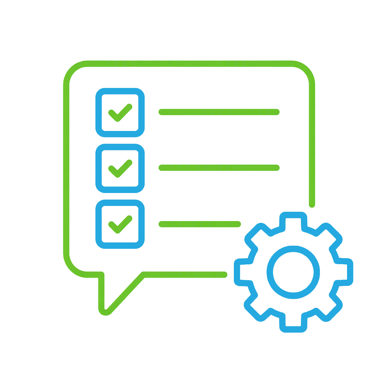 Checklist in speech bubble with gear icon