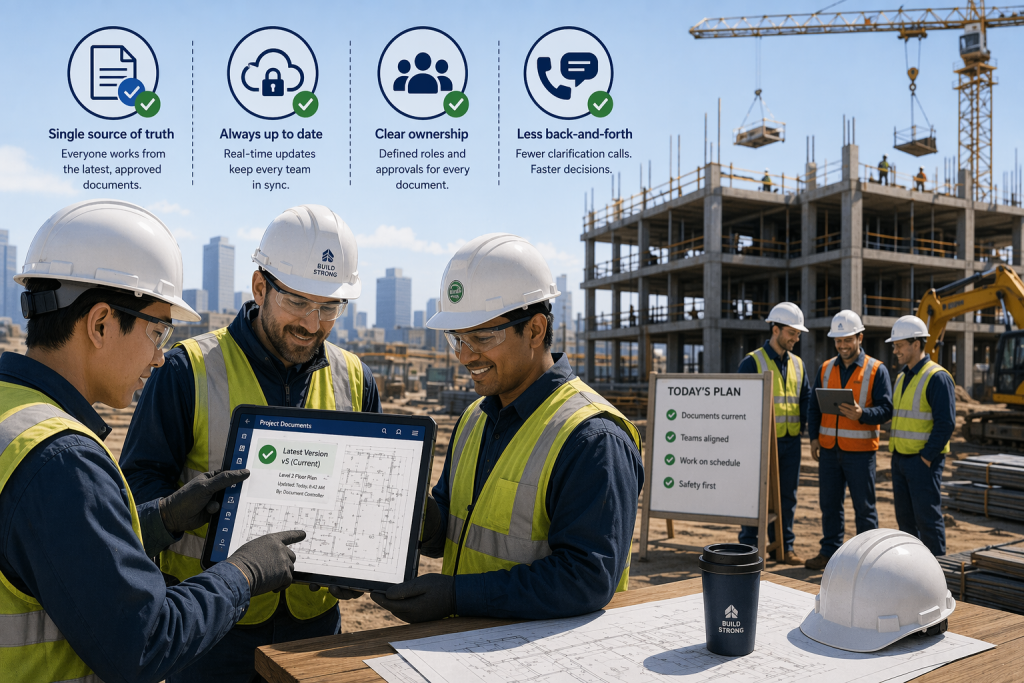 Construction team reviewing up-to-date digital drawings together on a tablet at a jobsite, showing centralized documents, clear ownership, and smooth coordination.