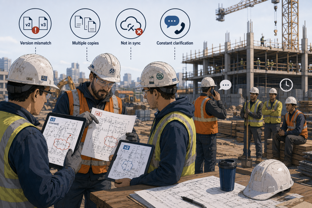 Construction workers comparing different versions of drawings on tablets and paper at a jobsite, showing version mismatch, confusion, and work delays due to lack of a single source of truth.