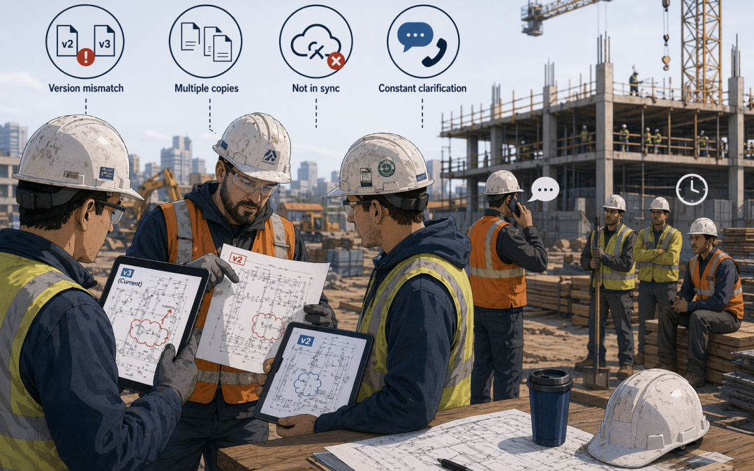 Construction workers comparing different versions of drawings on tablets and paper at a jobsite, showing version mismatch, confusion, and work delays due to lack of a single source of truth.