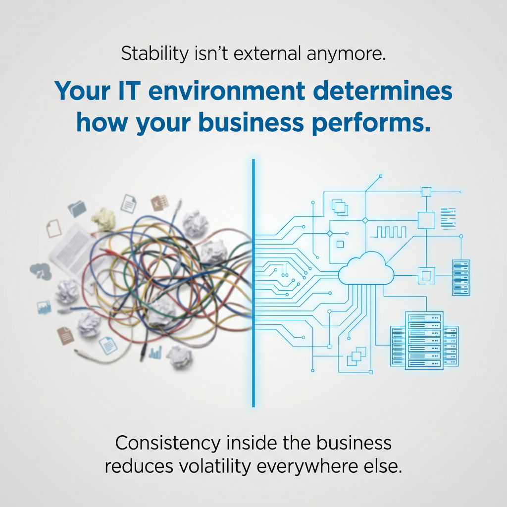 Minimal executive-style graphic showing structured vs unstructured environments with text: business stability now depends on your IT environment and system consistency.