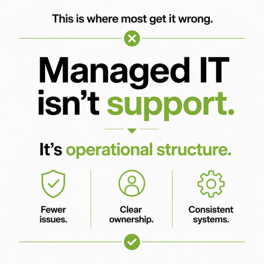 Clean structured graphic explaining what a managed IT service provider does, emphasizing operational structure, clear ownership, and consistent systems.