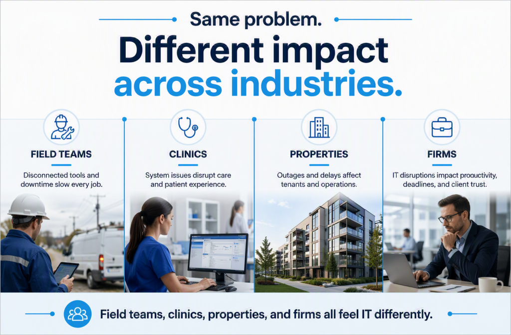 Segmented business graphic showing how managed IT services impact construction, healthcare, and property management industries differently.