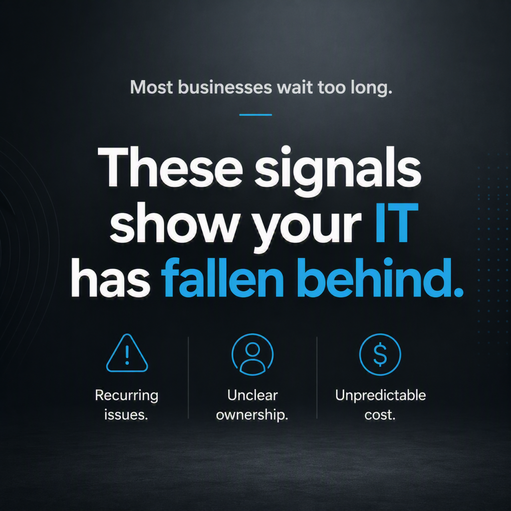 Minimal professional image highlighting signs to reassess IT strategy, including recurring issues, unclear ownership, and inconsistent technology performance.