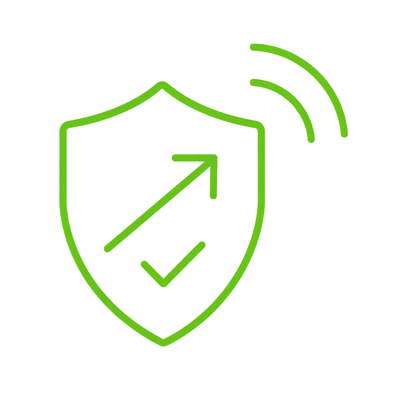 Security That Thinks Ahead B Shield with upward arrow, checkmark, and signal waves