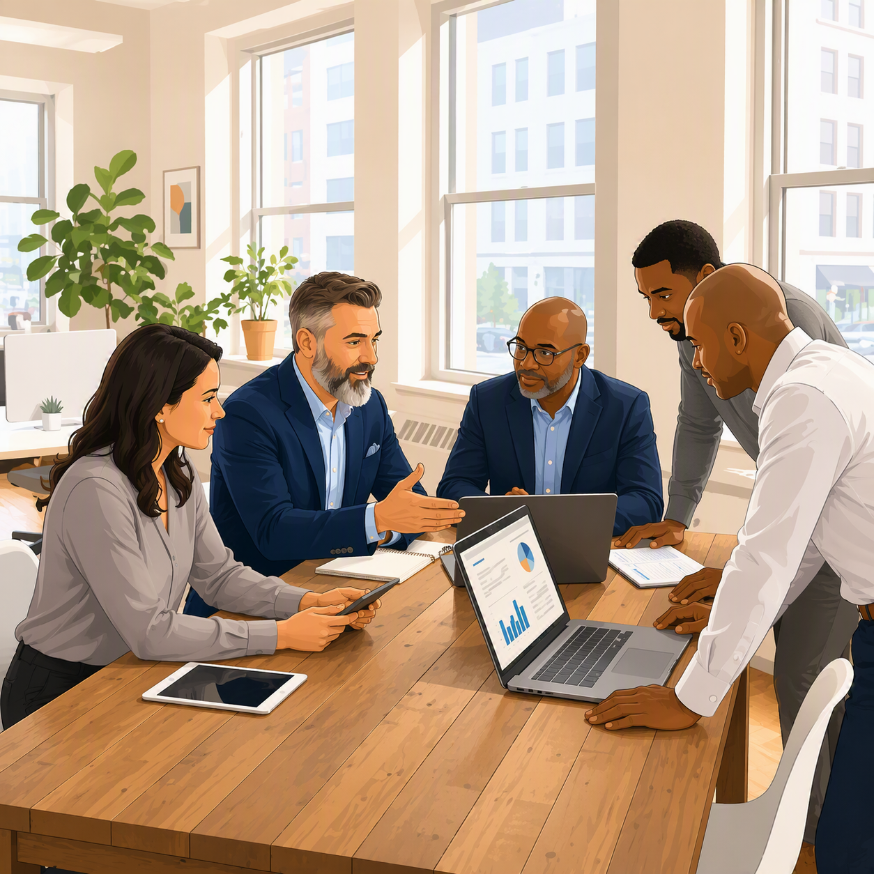 Solutions 1 IT consultant working with business leaders in a modern office to review solutions and support informed decision‑making.