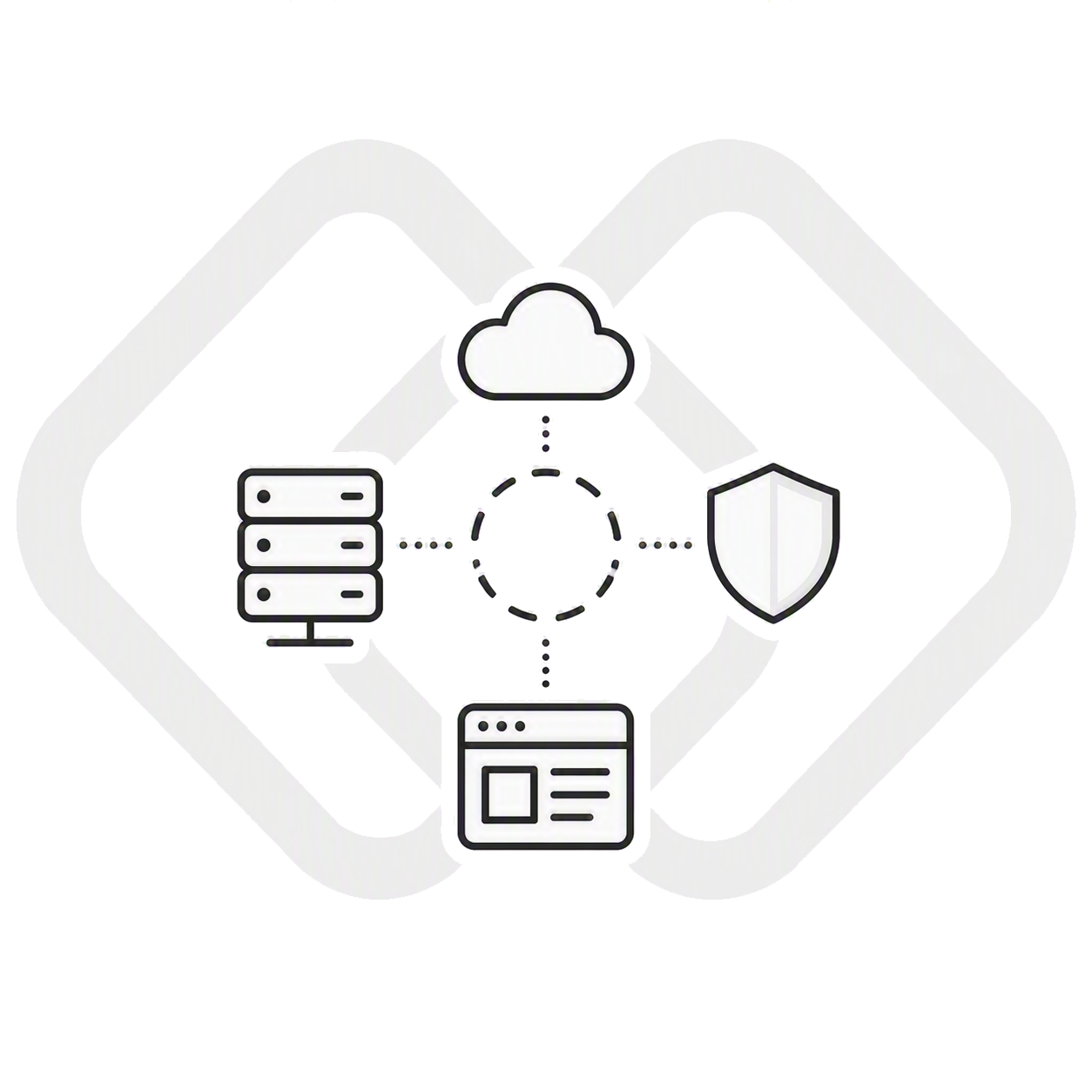 No Owner White Monochrome technology ecosystem icon showing cloud, infrastructure, security, and application components connected around a dashed empty center circle. A faint TrueLink outline appears in the background, while the vacant center represents the absence of a single accountable owner coordinating technology outcomes