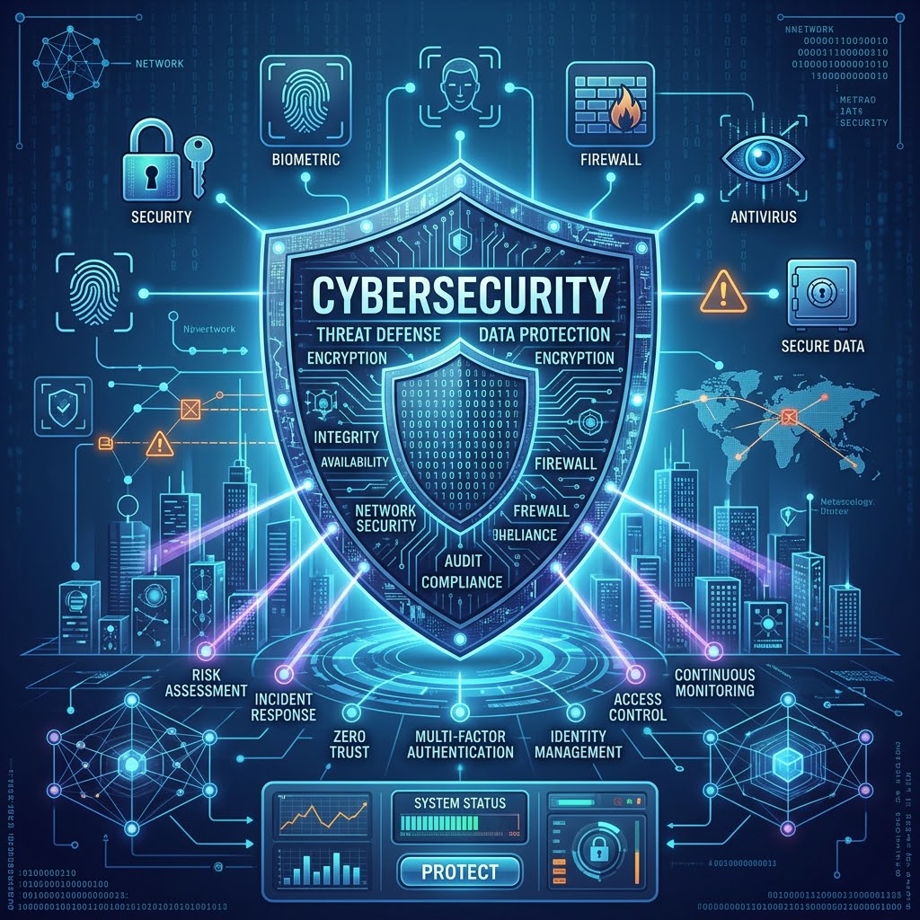 cybersecurity Shield for cybersecurity with a number a the functions involved in cyber-security.